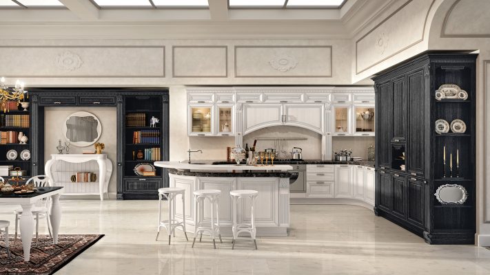 PANTHEON - luxusná kuchynská zostava v neodoloteľnej kombinácii bielej a čiernej so striebornou patinou